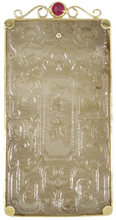Estate Chinese 18kt Gold-mounted Carved Jade Plaque Pendant