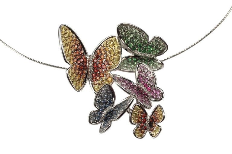 Estate 18kt White Gold Diamond & Multi-Color Sapphire Butterfly Pendant