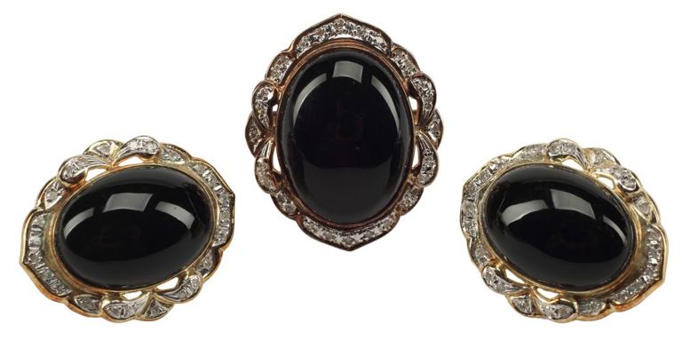 Estate 14kt Gold Diamond & Black Onyx Ring & Earrings