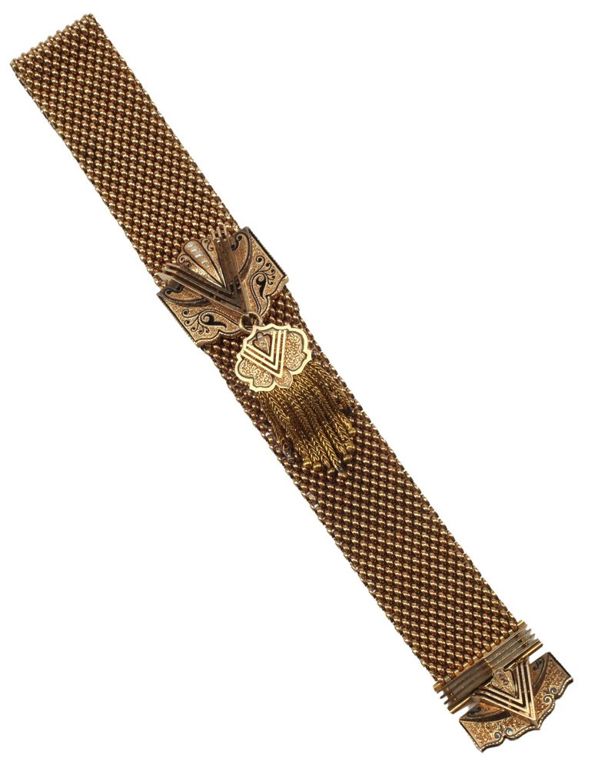Estate Victorian 14kt Gold Enamel & Pearl Mesh Garter Bracelet