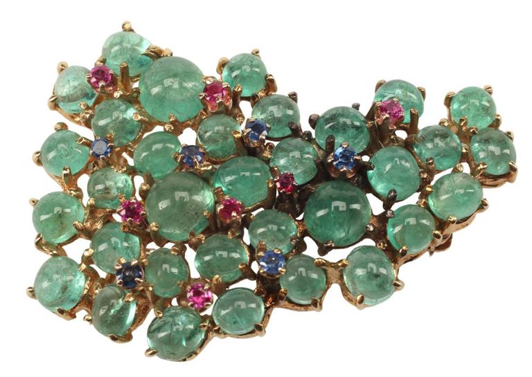 Estate 14kt Gold Ruby, Sappphire & Cabochon Emerald Pendant Brooch