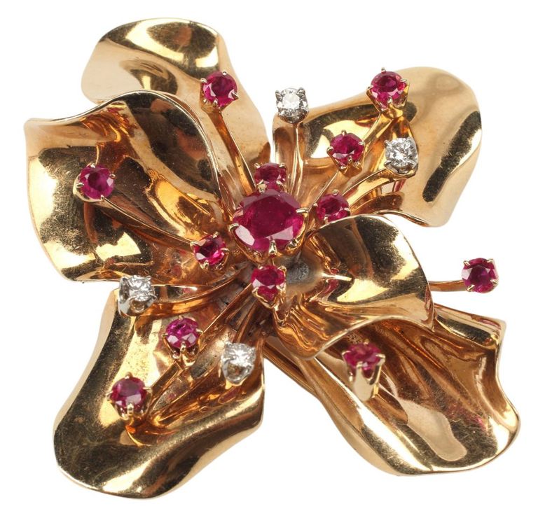 Estate Retro 14kt Gold Ruby & Diamond Dress Clip Brooch