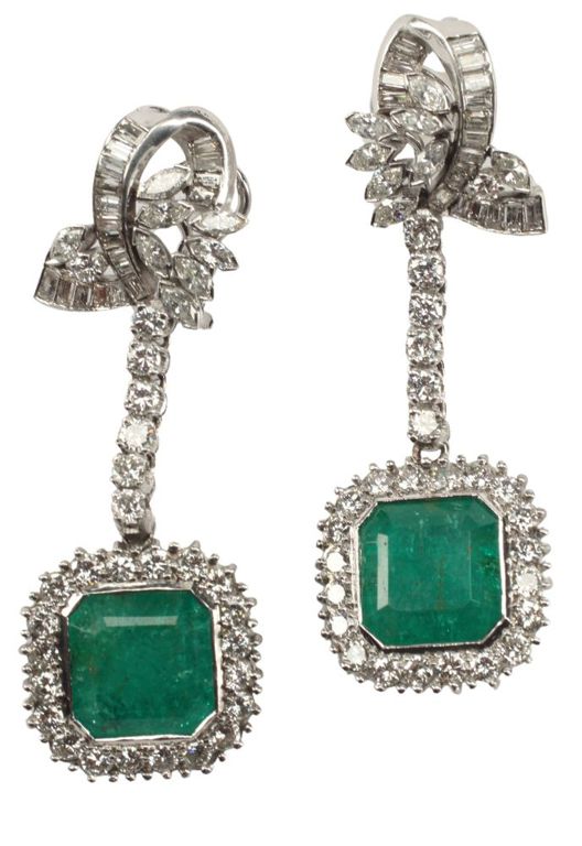 Estate Platinum Emerald & Diamond Drop Earrings