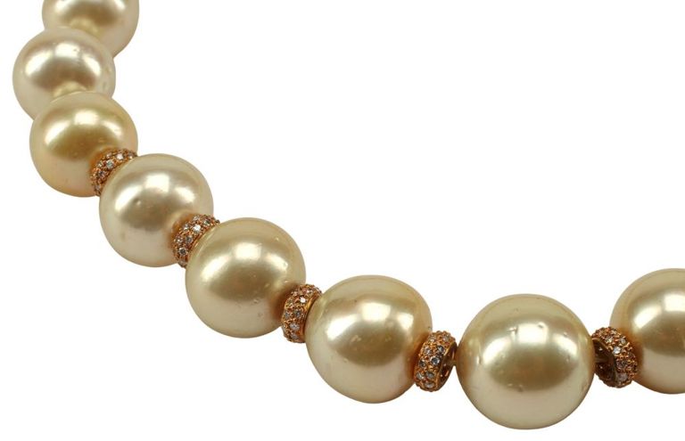 Estate 14kt Gold Diamond & Graduated Cultured South Sea Pearl Necklace