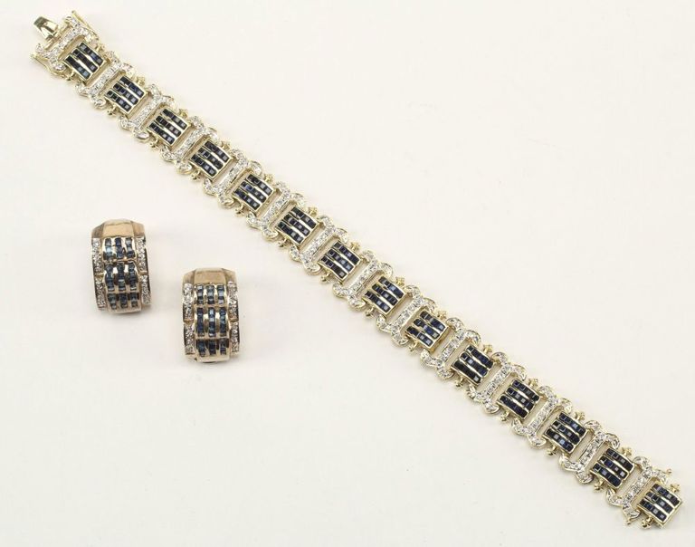 Estate 14kt Gold Blue Sapphire & Diamond Bracelet & Earrings