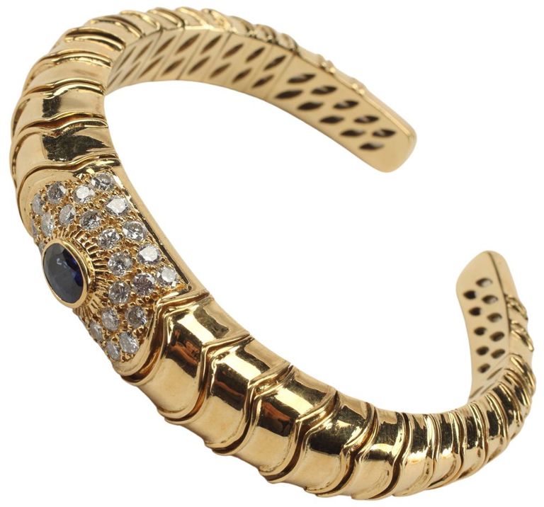 Estate 18kt Yellow Gold Sapphire & Diamond Flex Cuff Bracelet