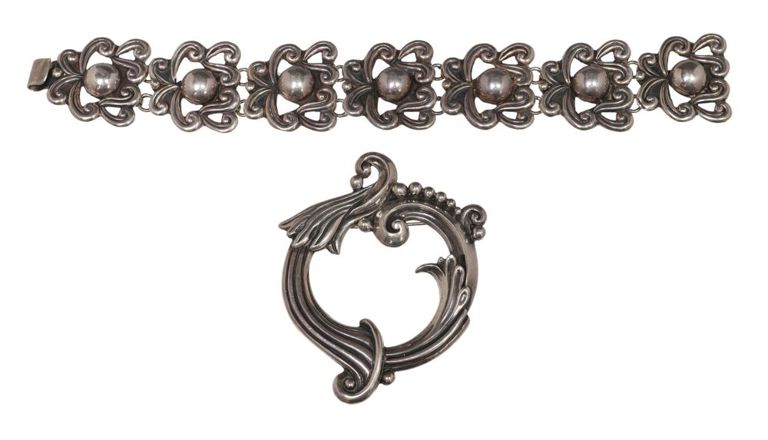 Sterling Link Bracelet & Margot De Taxco Brooch, Mexico
