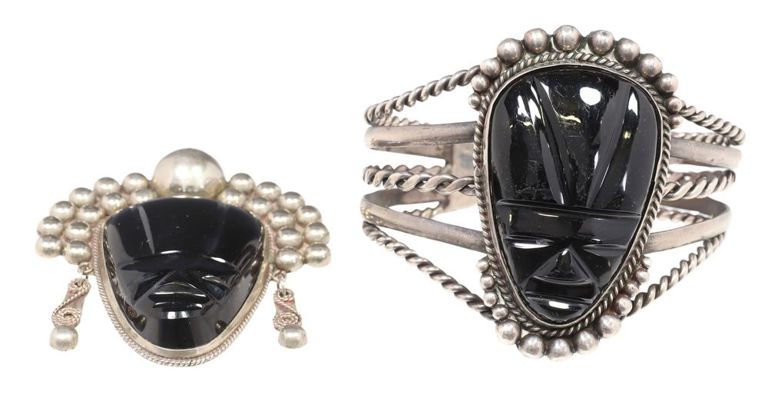 Silver & Black Hardstone Cuff Bracelet & Brooch, Mexico