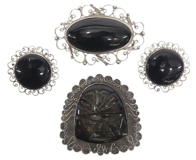 Silver & Black Hardstone Brooches & Earrings, Mexico