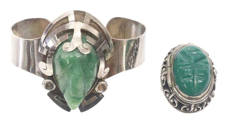 Silver & Green Hardstone Cuff Bracelet & Brooch, Mexico