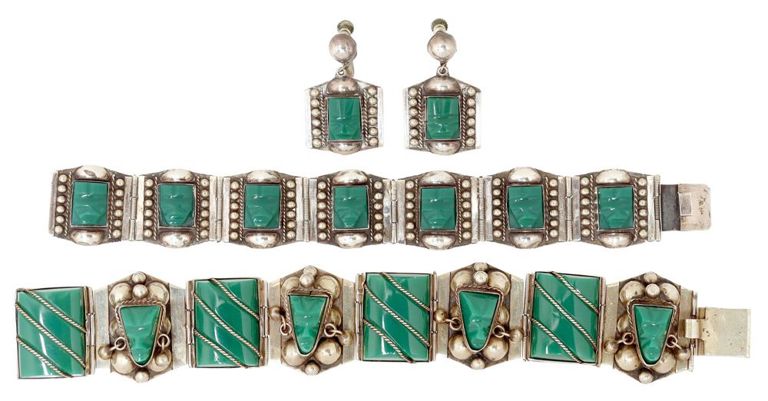 Sterling Silver & Green Hardstone Bracelets & Earrings, Mexico