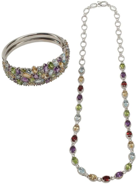 Estate Sterling Silver & Multicolor Gemstone Necklace & Bracelet