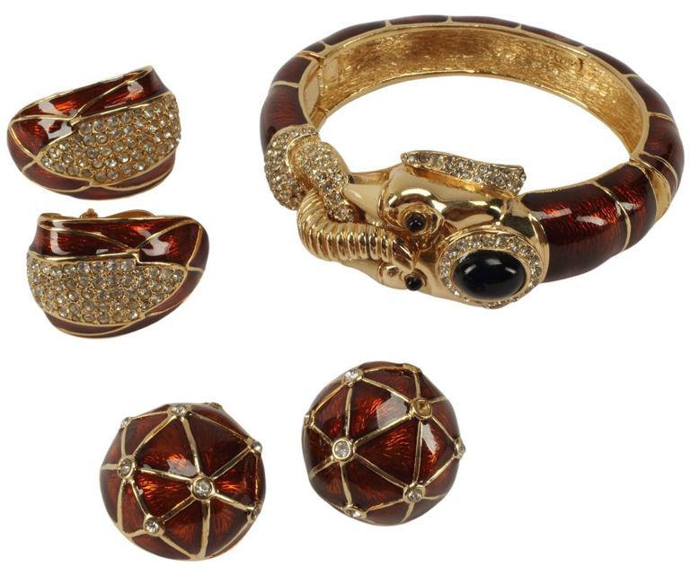Ciner Brown Enamel & Rhinestone Elephant Bracelet & Earrings