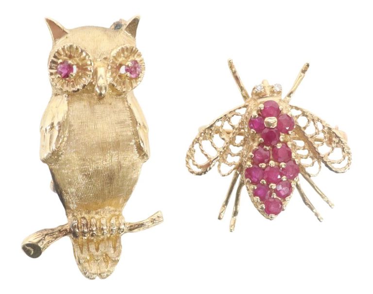 Estate Gem-set 14kt Yellow Gold Owl & Bee Brooches