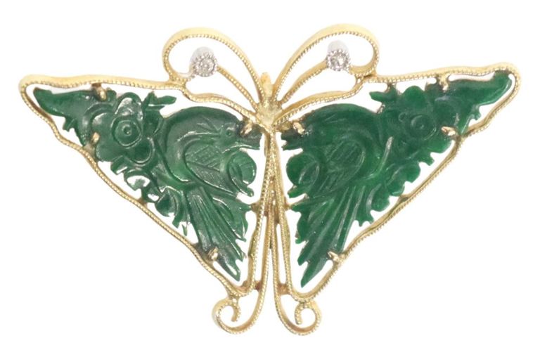 Estate 18kt Yellow Gold & Green Hardstone Butterfly Brooch