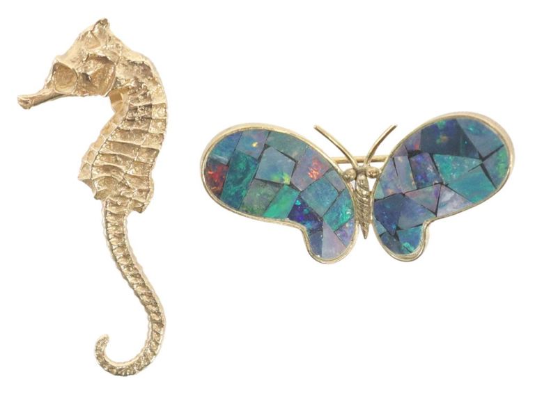 Estate 14kt Gold Seahorse Pendant & Opal Butterfly Brooch