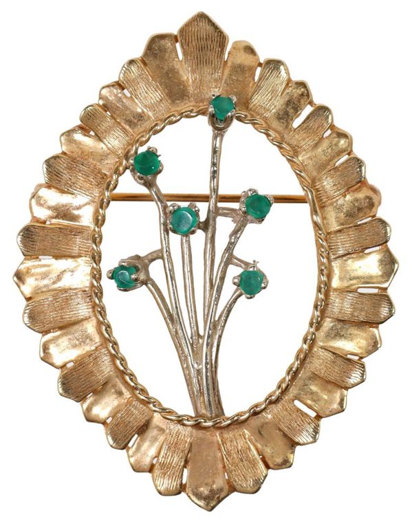 Estate 14kt Gold & Green Gemstone Floral Brooch