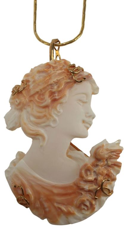 Estate Italian 14kt Yellow Gold Cameo Pendant Brooch on Chain