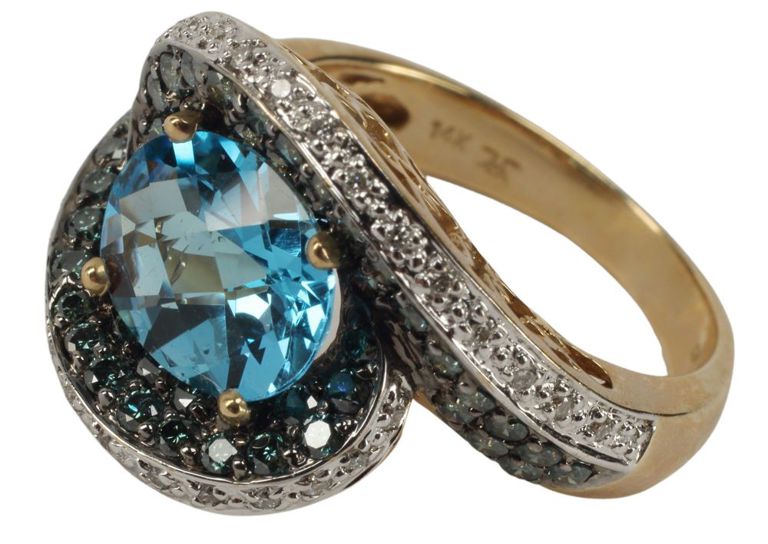 Estate 14kt Gold Blue Topaz With Blue & White Diamonds Ring