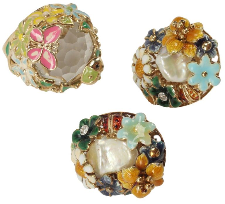 Estate 14kt Yellow Gold, Pearl & Enamel Floral Jewelry Suite