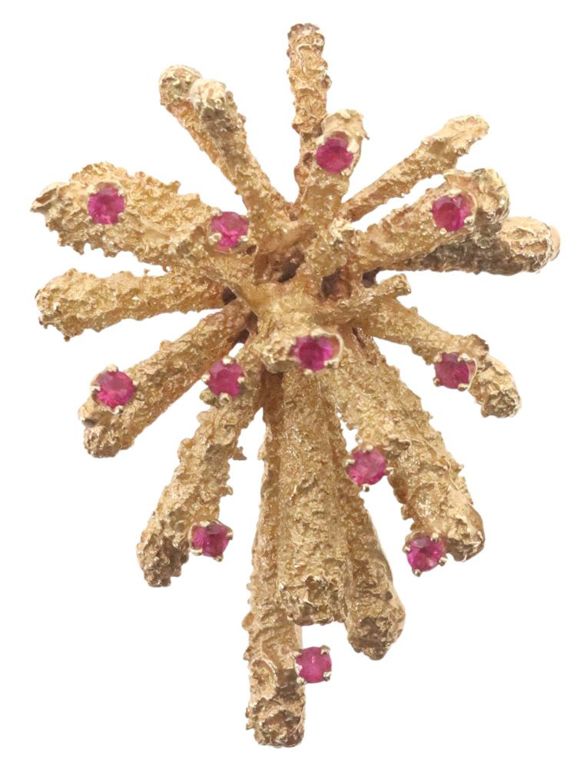 Estate Retro 14kt Yellow & Red Gemstone Fireworks Brooch