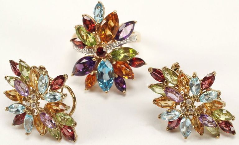 Estate 14kt Yellow Gold, Diamond & Gemstone Ring & Earrings