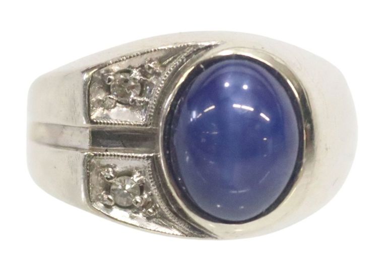 Estate 14kt White Gold Blue Star Sapphire & Diamond Ring