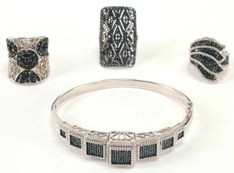 Estate Sterling Silver White & Irradiated Blue Diamond Jewelry