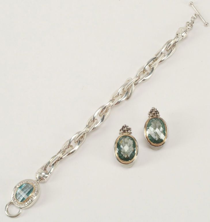 Estate Michael Dawkins Sterling Topaz & Diamond Bracelet & Earrings