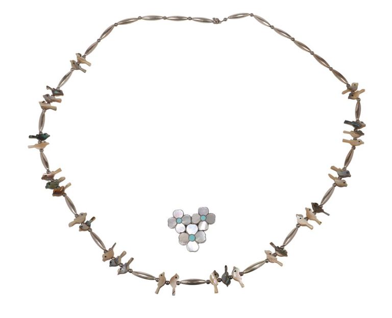 Southwest Silver & Shell Pendant Brooch & Fetish Necklace