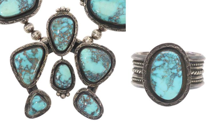Signed Native American Nevada Blue Turquoise Squash Blossom & Cuff