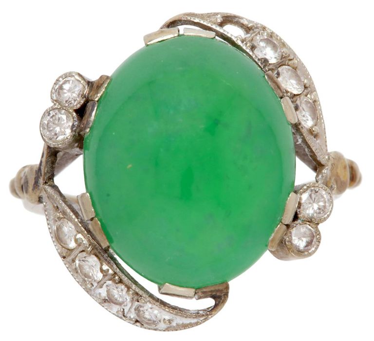 Estate 14kt Gold Cabochon Green Hardstone & Diamond Ring