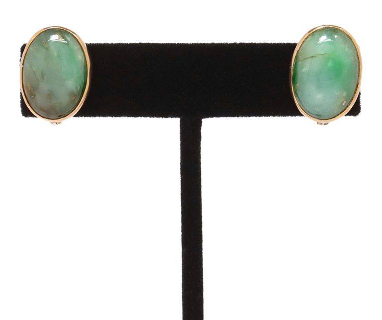 Estate 14kt Yellow Gold & Cabochon Nephrite Jade Earrings