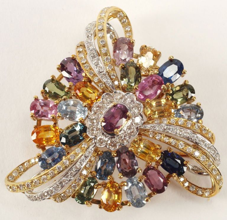 Estate 18kt Gold Diamond & Sapphire Pendant Brooch