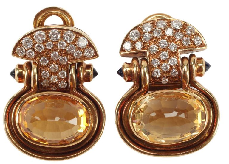 Estate 18kt Yellow Gold, Diamond, Citrine & Blue Sapphire Earrings