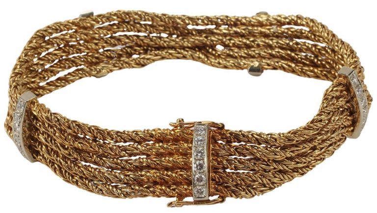 Estate 18kt Gold & Diamond Multi-strand Rope Chain Bracelet