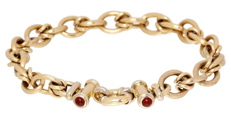 Estate Italian 14kt Yellow Gold & Red Cabochon Chain Bracelet