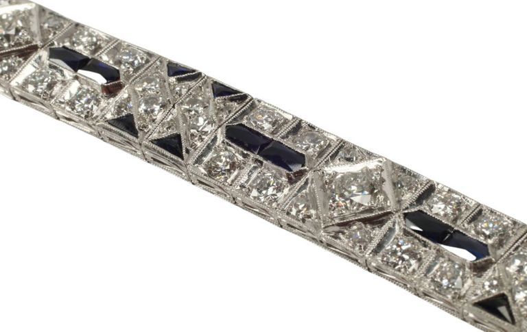 Art Deco Platinum, Diamond & Synthetic Blue Sapphire Flex Bracelet