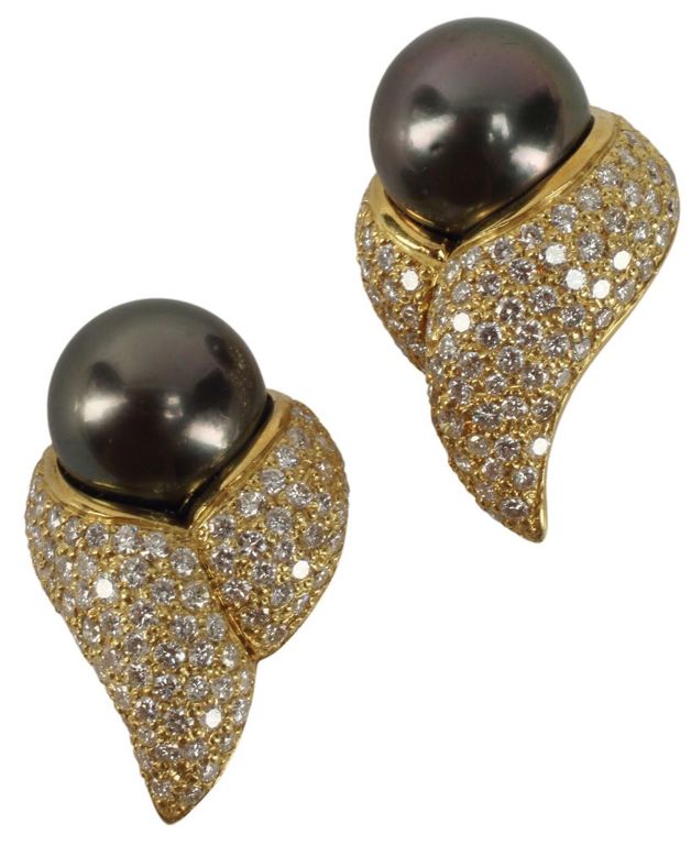 Estate 18kt Yellow Gold, Cultured Pearl & Diamond Earrings
