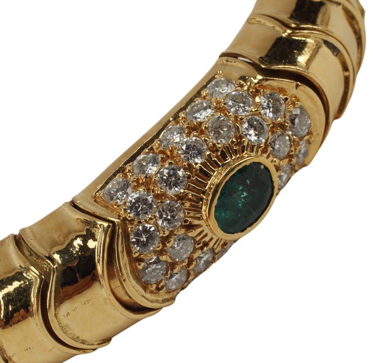 Estate 18kt Yellow Gold, Emerald & Diamond Cuff Bracelet