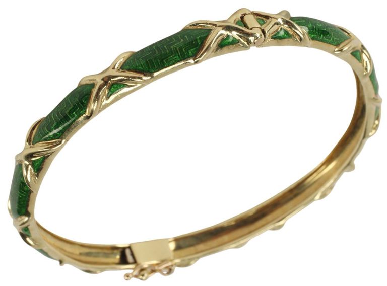 Estate Tiffany & Co. 18kt Gold & Green Enamel X Motif Hinged Bangle