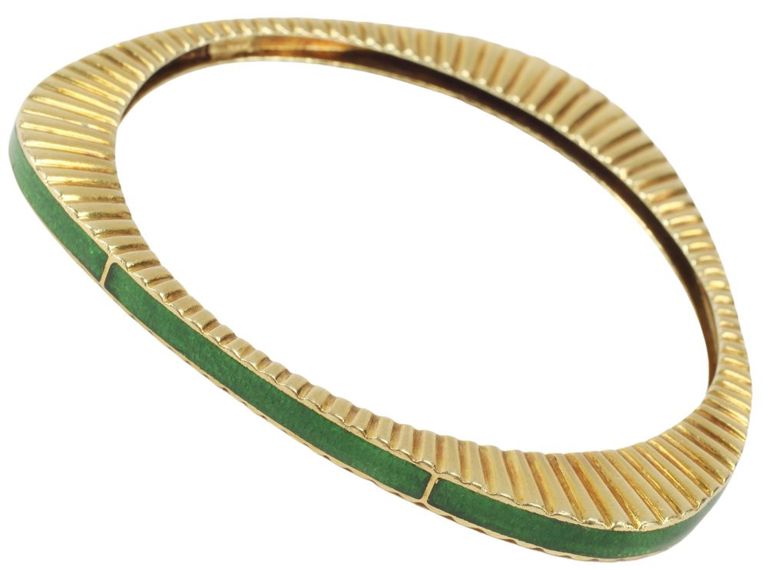 Estate 18kt Yellow Gold & Green Enamel Bangle Bracelet