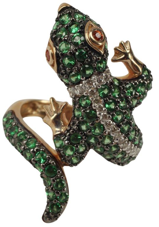 Estate 14kt Gold Pave Tsavorite Garnet & Diamond Lizard Bypass Ring