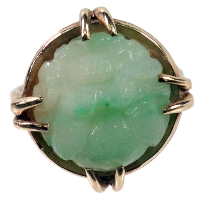 Estate 14kt Gold & Floral Carved Jade Ring