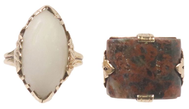 Estate Mings 14kt Gold & Hardstone & White Jade Rings