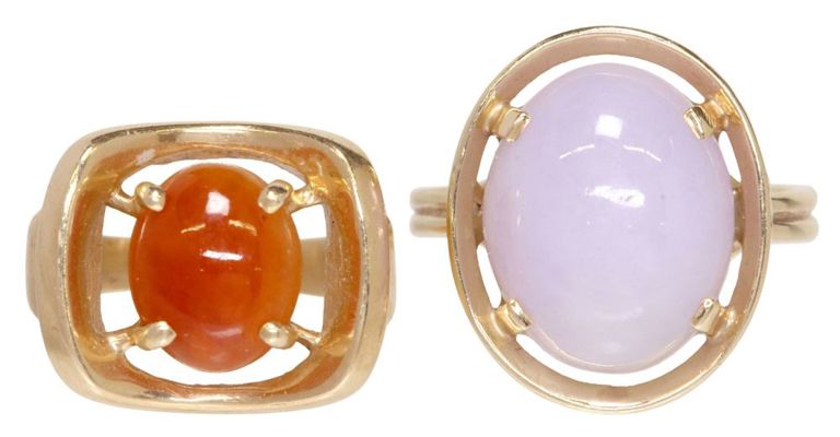 Estate 14kt Gold Mings Lavendar Jade Ring & Orange Jade Ring