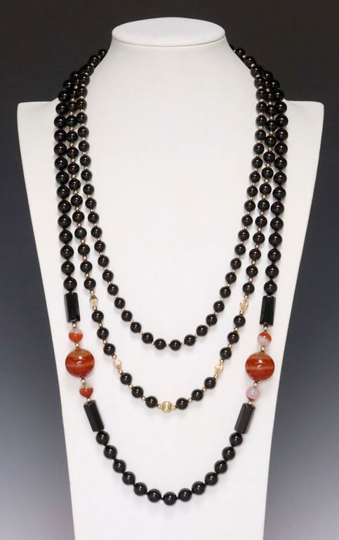 Estate 14kt Gold, Black Onyx & Carnelian Agate Necklaces