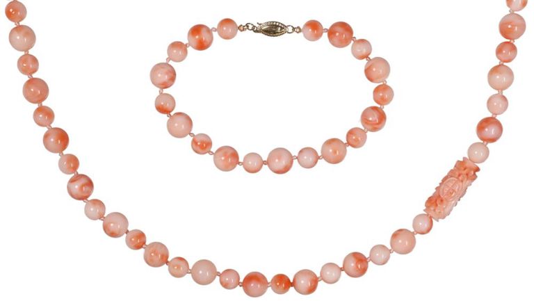 Estate Chinese 14kt Gold & Angel Skin Coral Necklace & Bracelet