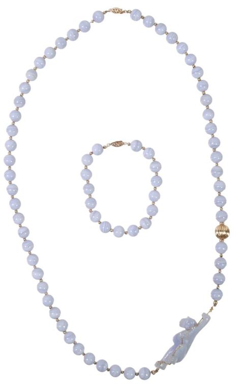 Estate 14kt Gold & Blue Lace Agate Beaded Necklace & Bracelet