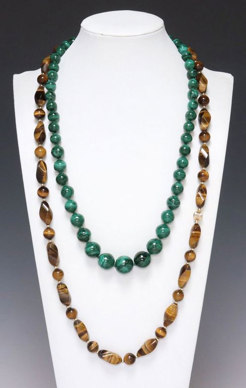 Estate 14kt & Tigers Eye & Hand-knotted Malachite Necklaces